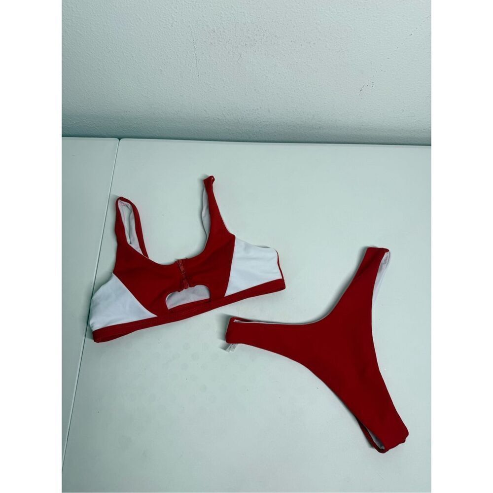 Women’s Red White Bikini Set Zip Trim Ribbed Size S See Description